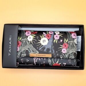 Tahari Paris clutch wallet floral black trifold RFID protection vegan leather